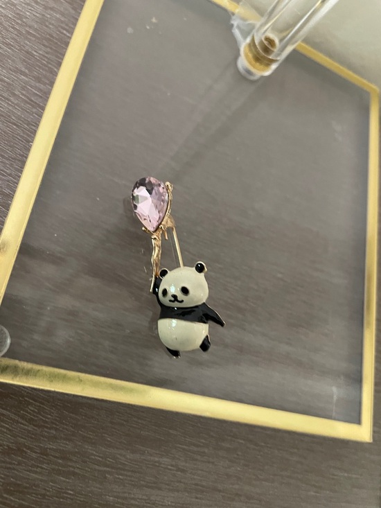 Artisan Jewelry - Artisan Pink and Black Panda Brooch with Gold Stem